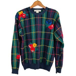 Vintage 80s JH Collectibles Angora Sweater Floral Applique Crewneck Plaid - M